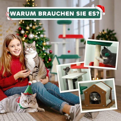 PawHut 135 cm Katzenkratzbaum i Weihnachtsfarben mit Katzenbett, Katzenhaus, Kratzpfosten, Sprungplattformen, Spielzeugbällen
