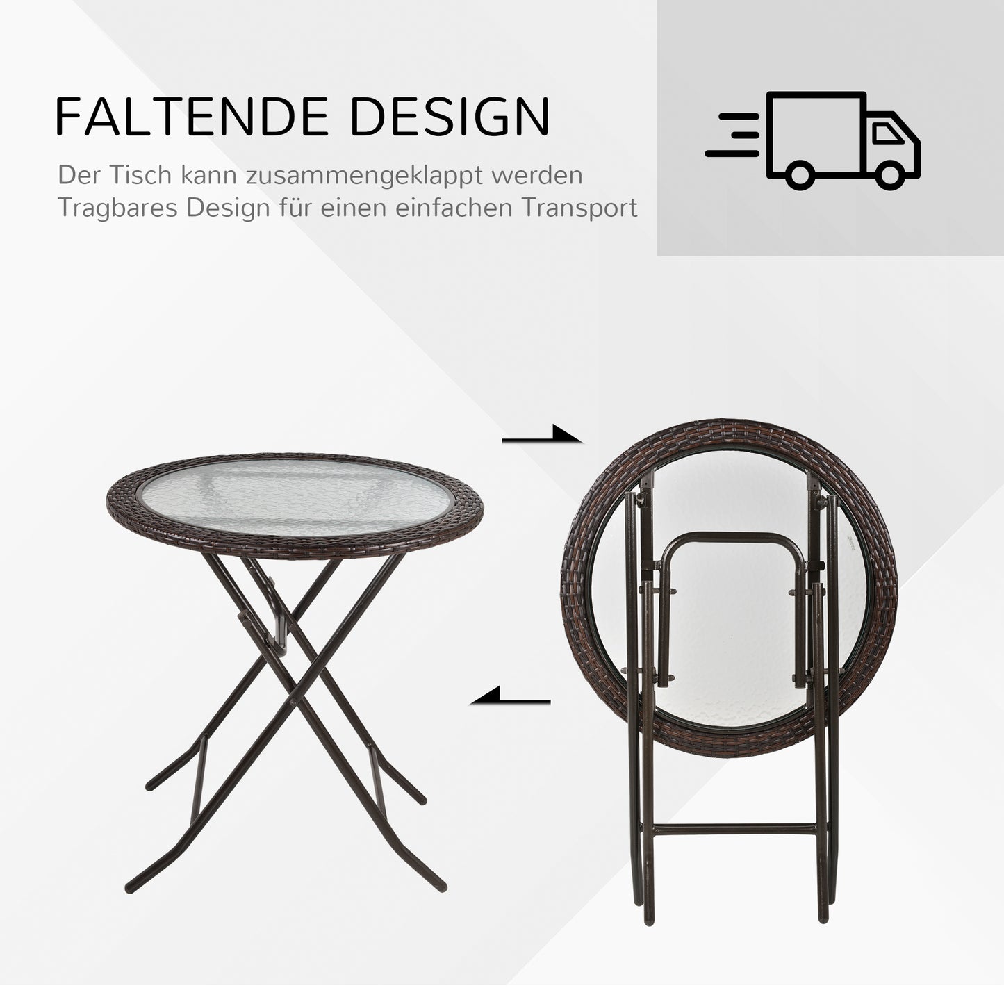 Outsunny Gartentisch, klappbar, Hartglastischplatte, Stahlrahmen, Rattan-Dekor, braun, 68 x 68 x 73 cm