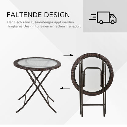 Outsunny Gartentisch, klappbar, Hartglastischplatte, Stahlrahmen, Rattan-Dekor, braun, 68 x 68 x 73 cm