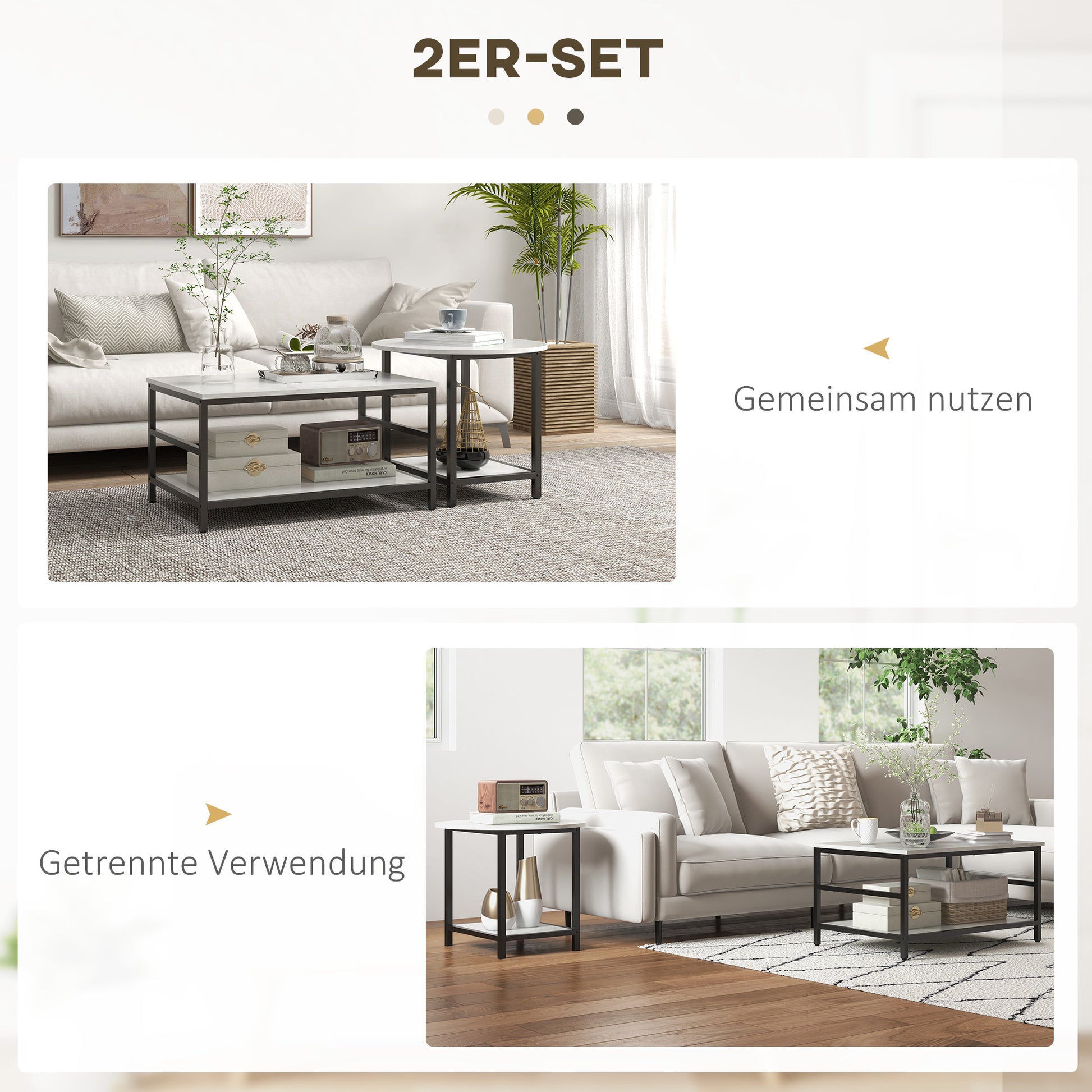 HOMCOM Couchtisch-Set, 2 Beistelltische, Marmoroptik, verstellbare Füße, Stahl, Schwarz/Weiß
