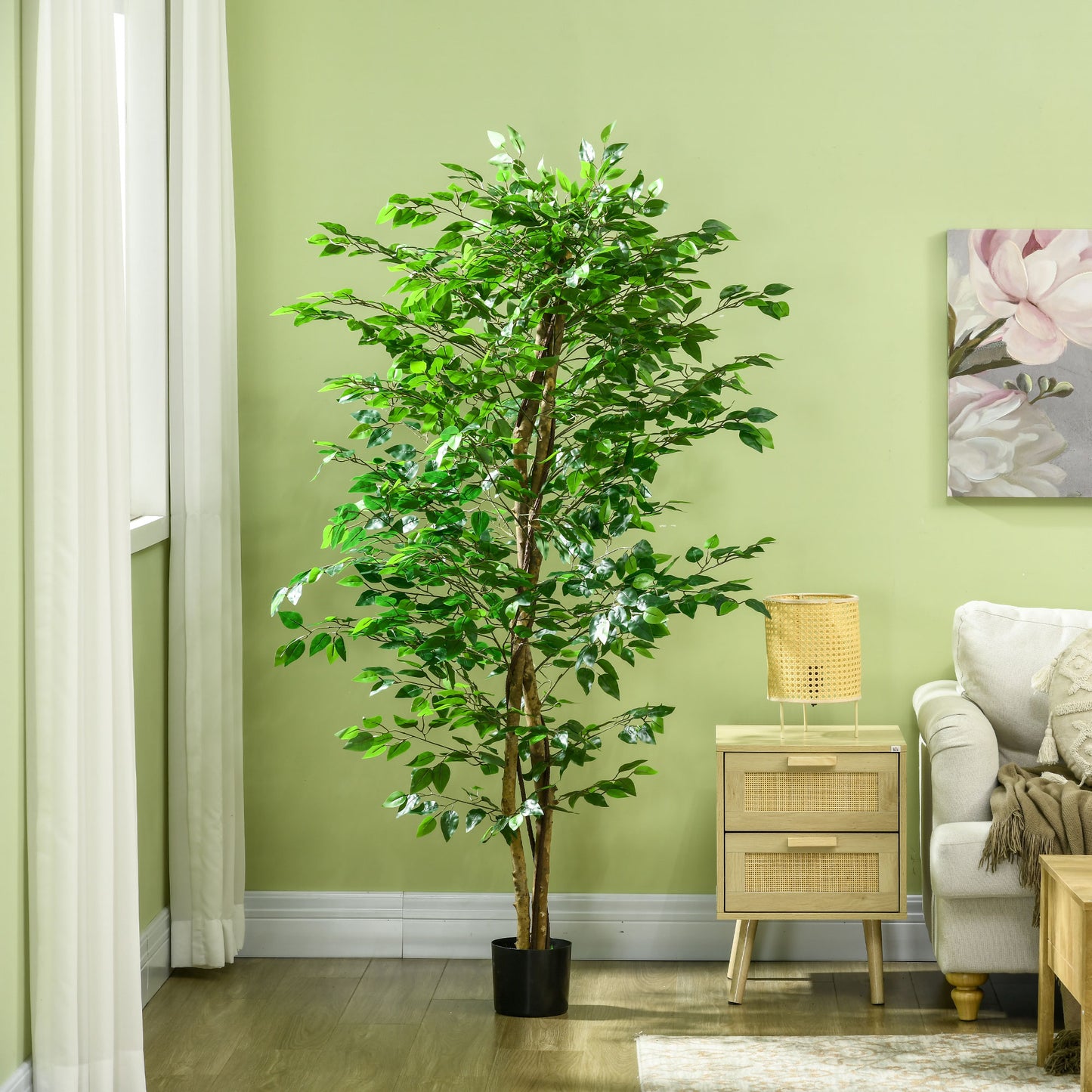 HOMCOM Künstlicher Ficus-Baum, realistisch, pflegeleicht, inkl. Topf, 180 cm hoch, Grün