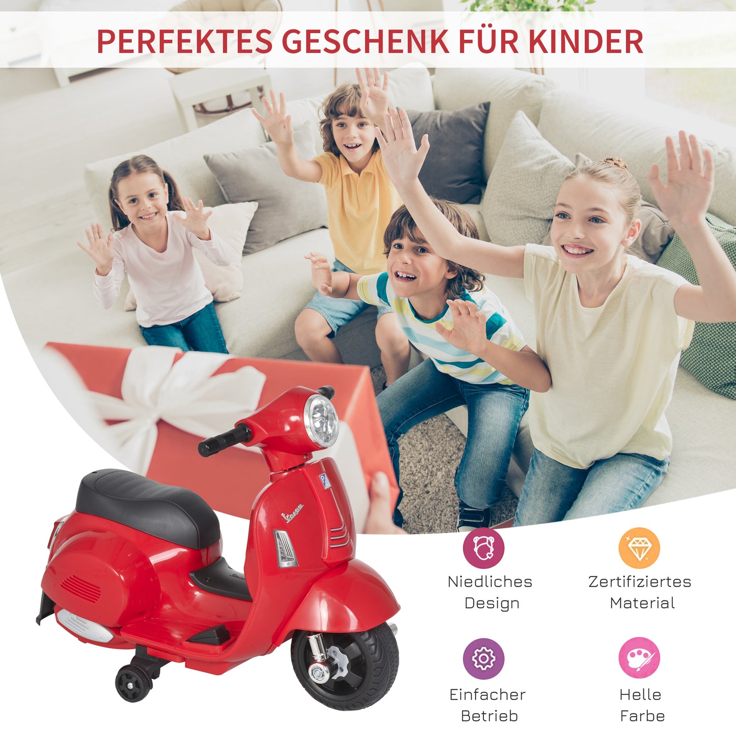 HOMCOM Elektro Kindermotorrad Vespa Elektromotorrad mit LED-Licht, Sound, Kinder Elektro Motorrad für Kinder von 18-36 Monate Rot