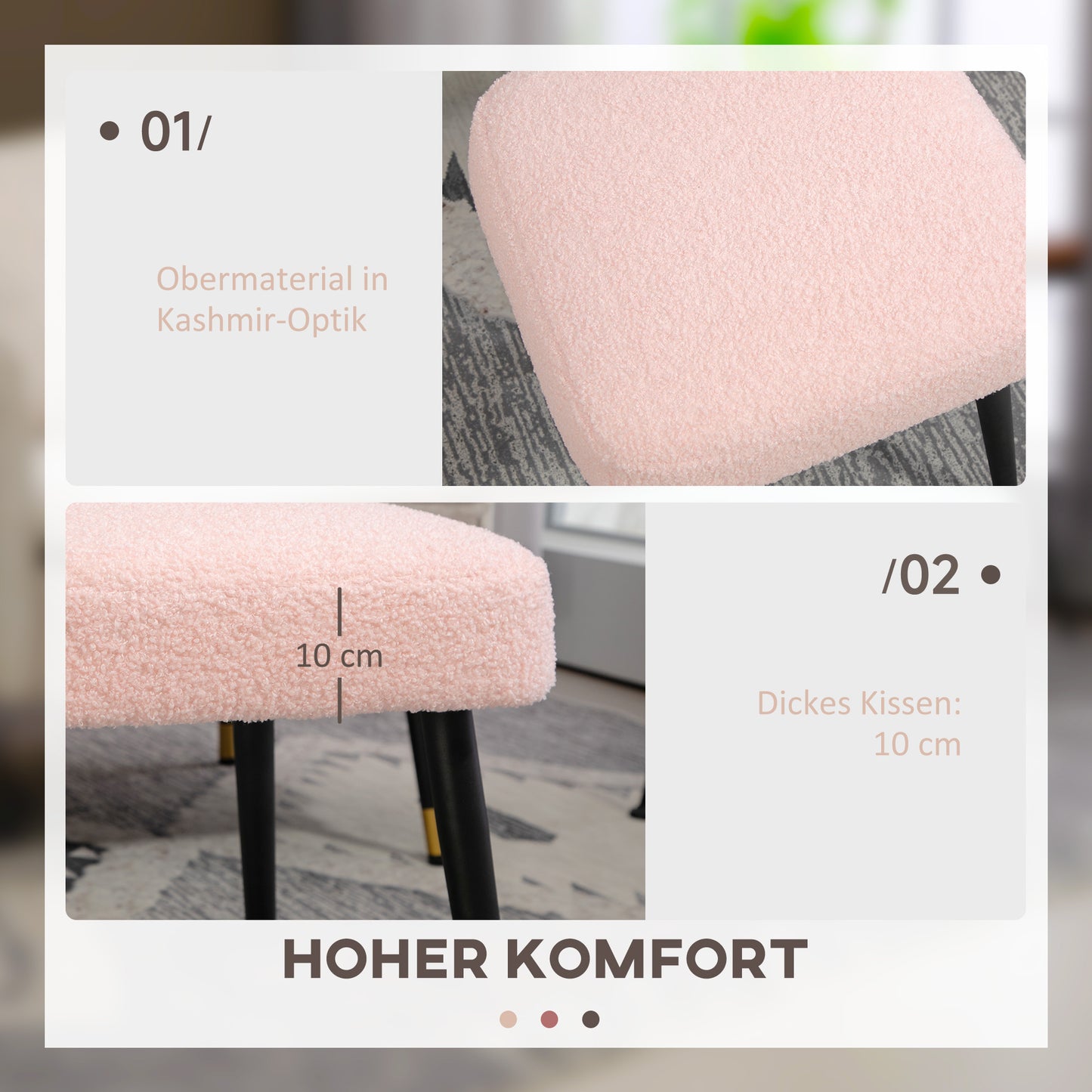 HOMCOM Hocker, Fußstütze, gepolsterter Sitz, Kaschmir-Optik, Stahlbeine, 42 x 42 x 44 cm, Rosa