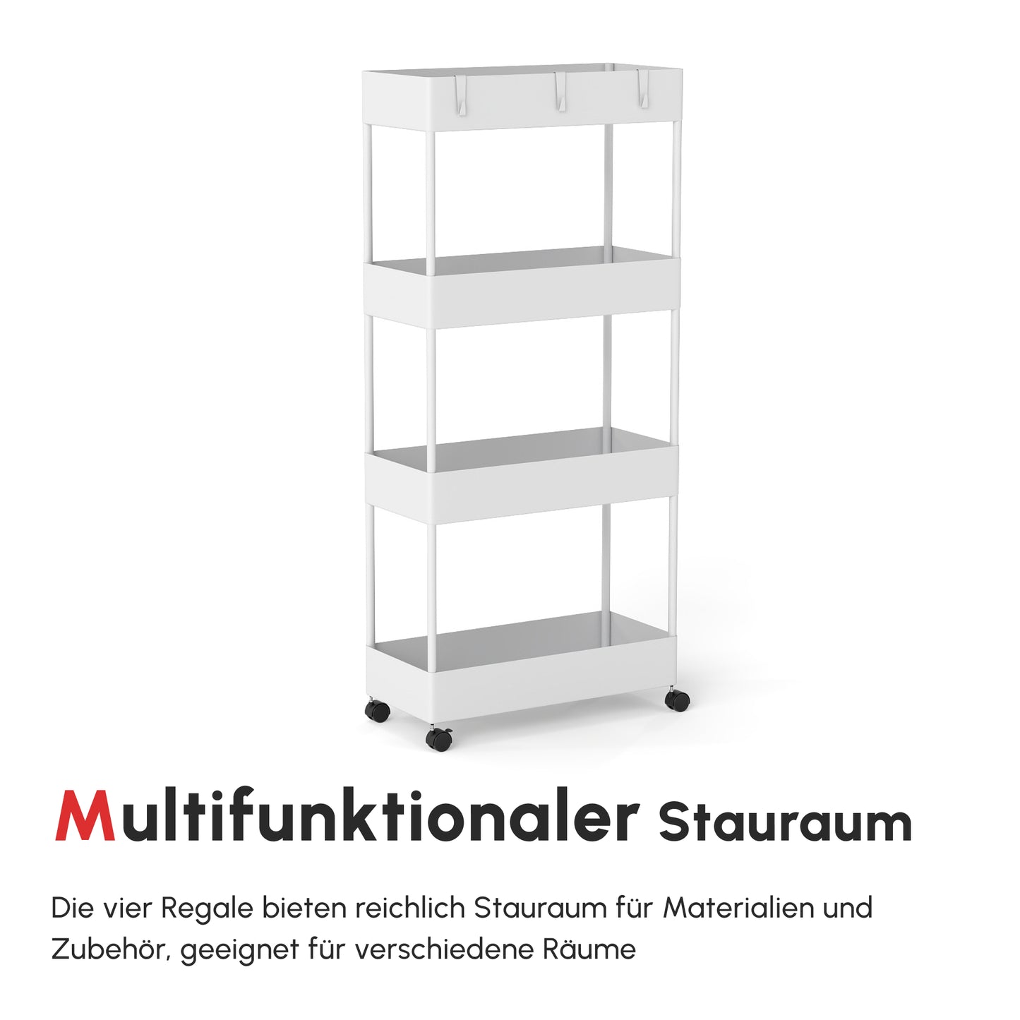 HOMCOM Küchenwagen mit 4 Regalen, 4 flexiblen Haken, 4 Rollen, 40 cm x 19 cm x 90 cm, Nischenwagen, Weiß