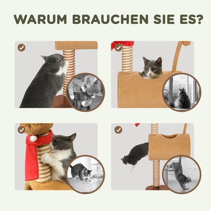 PawHut Kratzbaum 98 cm Katzenturm im Hirschdesign, mit Höhle, Spielball, Jutestämme Braun