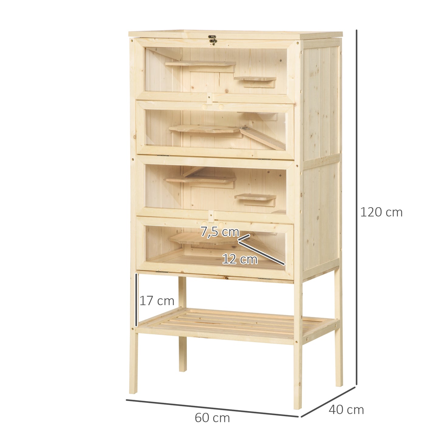 PawHut Hamsterkäfig aus Holz 5 Etagen Nagarium Nagerkäfig Kleintierkäfig mit Gitterdach Rampen, Holzkäfig Mäusekäfig groß Käfig für Hamster Zwerghamster 60 x 40 x 120 cm Naturholz