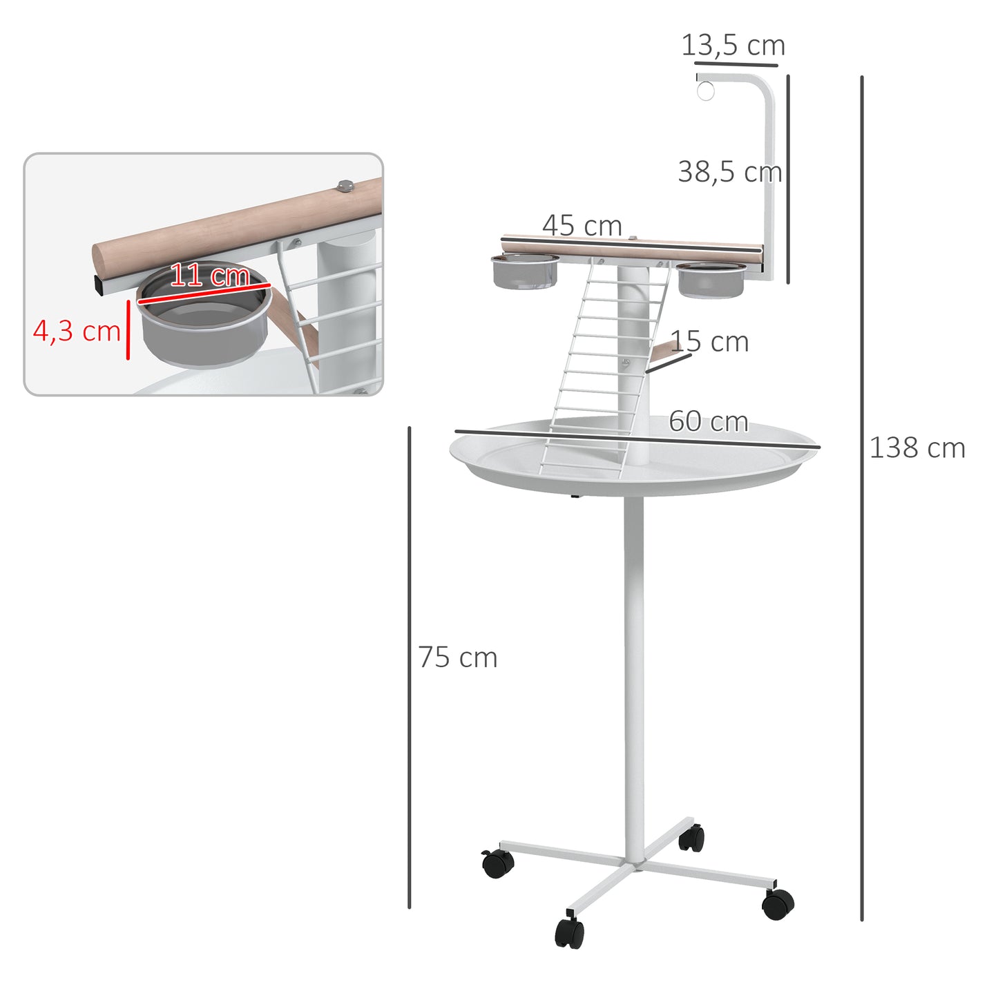 PawHut Anflugstange Freisitz für Papageien Sitzstange, 1 Leiter, 1 Schaukel, Futternäpfe, 60 x 60 x 138 cm, Weiß + Natur