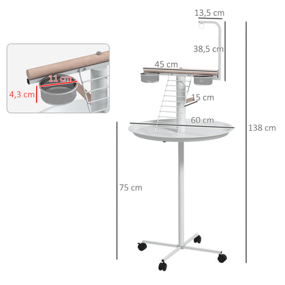 PawHut Anflugstange Freisitz für Papageien Sitzstange, 1 Leiter, 1 Schaukel, Futternäpfe, 60 x 60 x 138 cm, Weiß + Natur