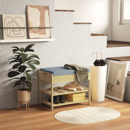 HOMCOM Schubank Schuhregal, 2 Ablagen, Sitzpolster, Bambus, 55 cm x 35 cm x 46 cm, Grau + Natur
