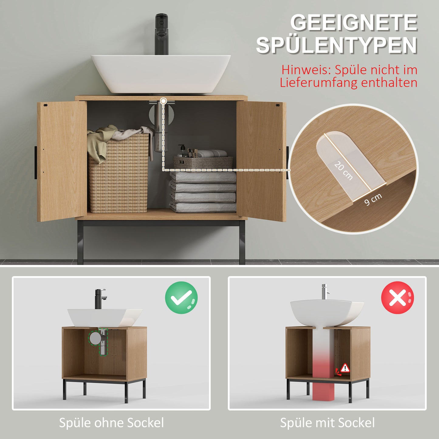 kleankin Badezimmerunterschrank, im Boho-Design, Badezimmerschrank, Rattan-Elemente, mit U-Ausschnitt, Eiche