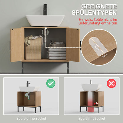 kleankin Badezimmerunterschrank, im Boho-Design, Badezimmerschrank, Rattan-Elemente, mit U-Ausschnitt, Eiche