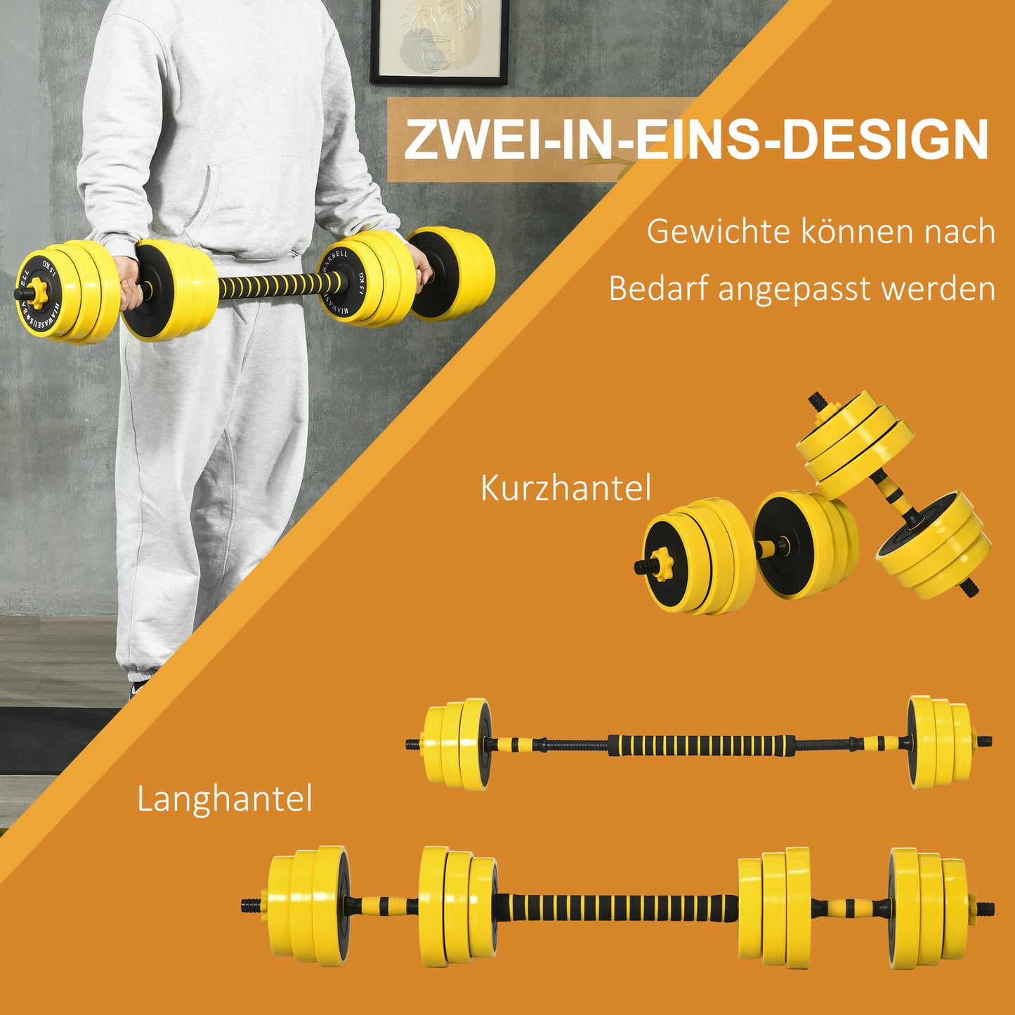 HOMCOM 25 kg Hantel & Langhantel,Einstellbare ergonomische 3-in-1 Hantelset,12 × Platten,2 × Kurze Stöcke,1 × Langer Stock,Gelb+Schwarz