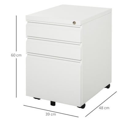 HOMCOM Rollcontainer mit 3 Schubladen mobiler Aktenschrank mit Rollen abschließbar Büroschrank mit konkavem Griff, Schubladenschrank für Büro, Homeoffice, 39 x 48 x 60 cm, Weiß