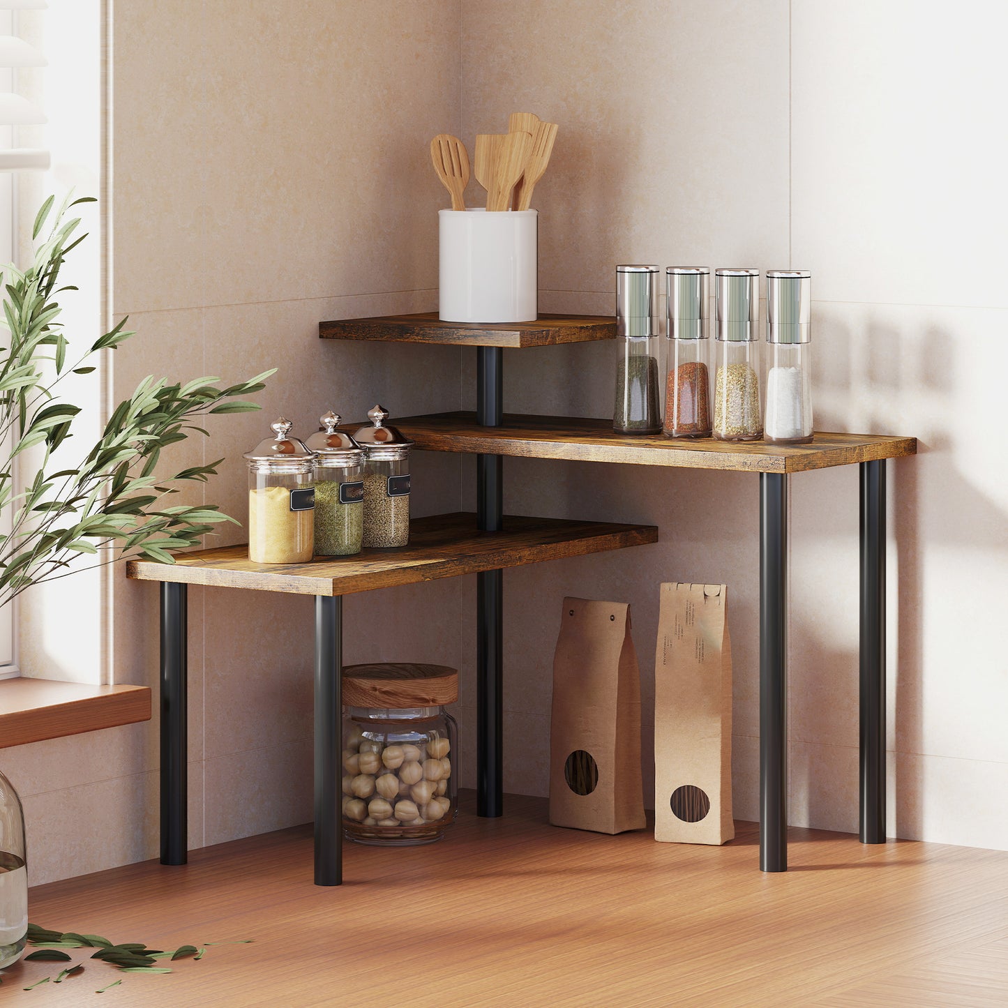 HOMCOM Küchenregal, Drehbar Mikrowellenregal mit 3 Ebenen, Industrielles Standregal Metall, 40 x 18 x 36,5 cm