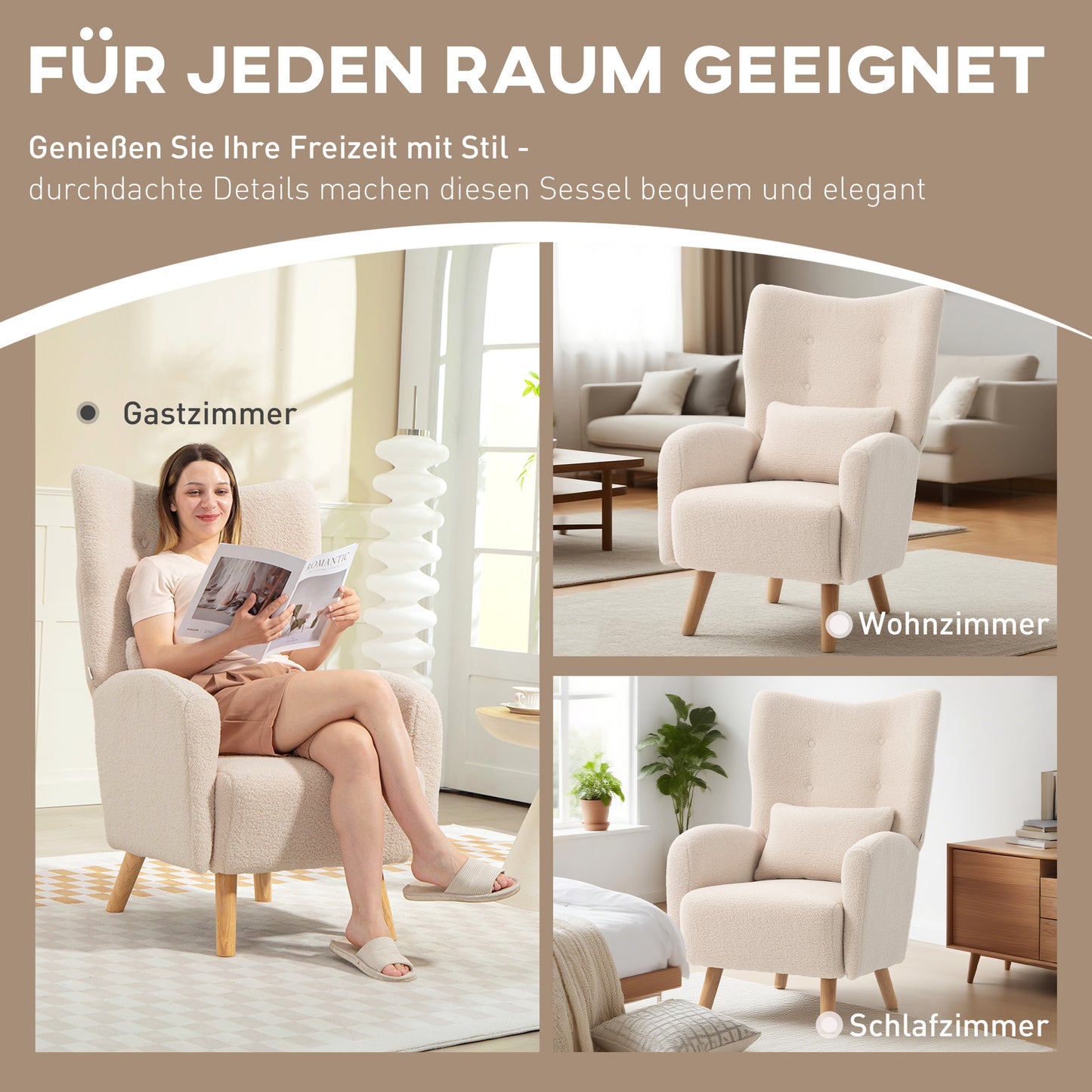 HOMCOM Akzentstuhl, Polstersessel mit Plüschbezug, Schaumstoffkissen, Ohrensessel, Beige