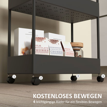 HOMCOM Küchenwagen mit 4 Regalen, 4 flexiblen Haken, 4 Rollen, 40 cm x 19 cm x 90 cm, Nischenwagen, Schwarz
