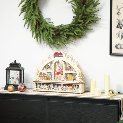 HOMCOM Weihnachtsdorf mit LED-Leuchtung, 45 cm Weihnachtsstadt mit Schneemann, Renntier und Bäume Naturholz