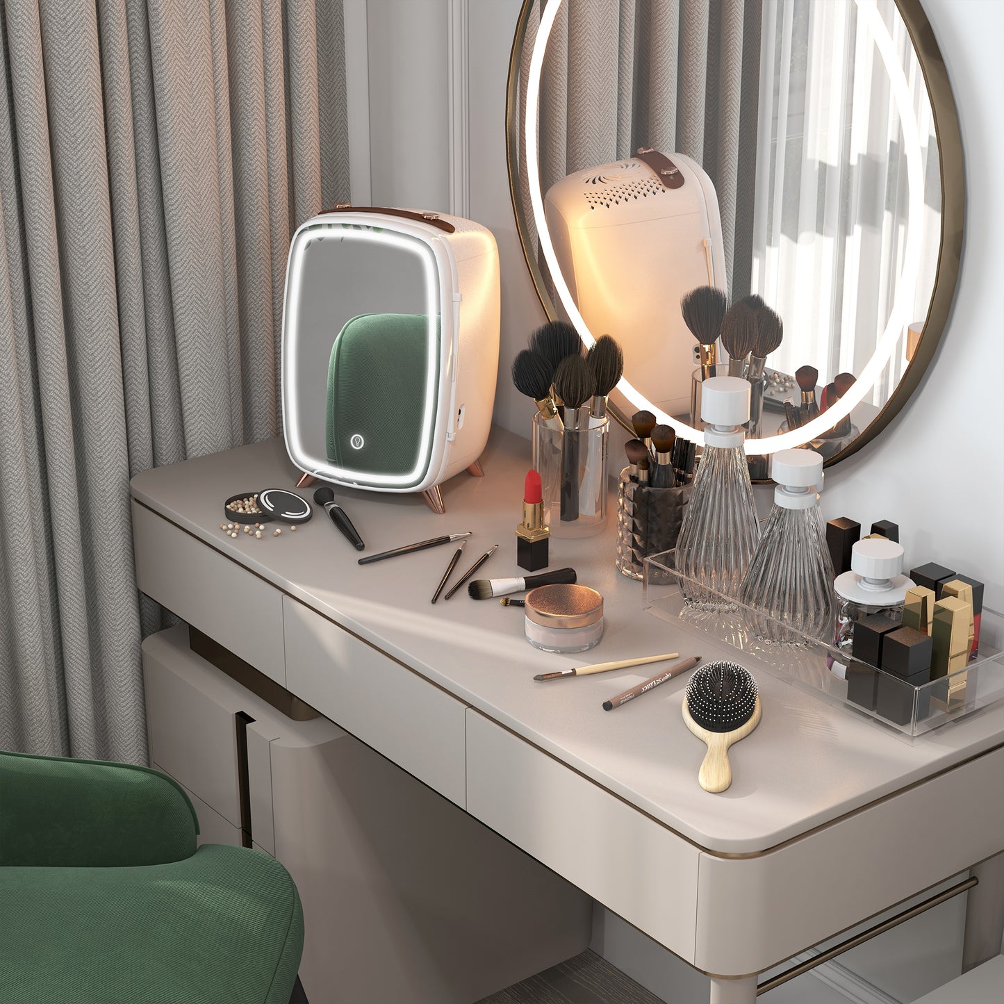 HOMCOM Minikühlschrank für Kosmetikprodukte, Getränke und Snacks, tragbar, mit beleuchtetem Spiegel, leiser Betrieb, 6L, Weiß