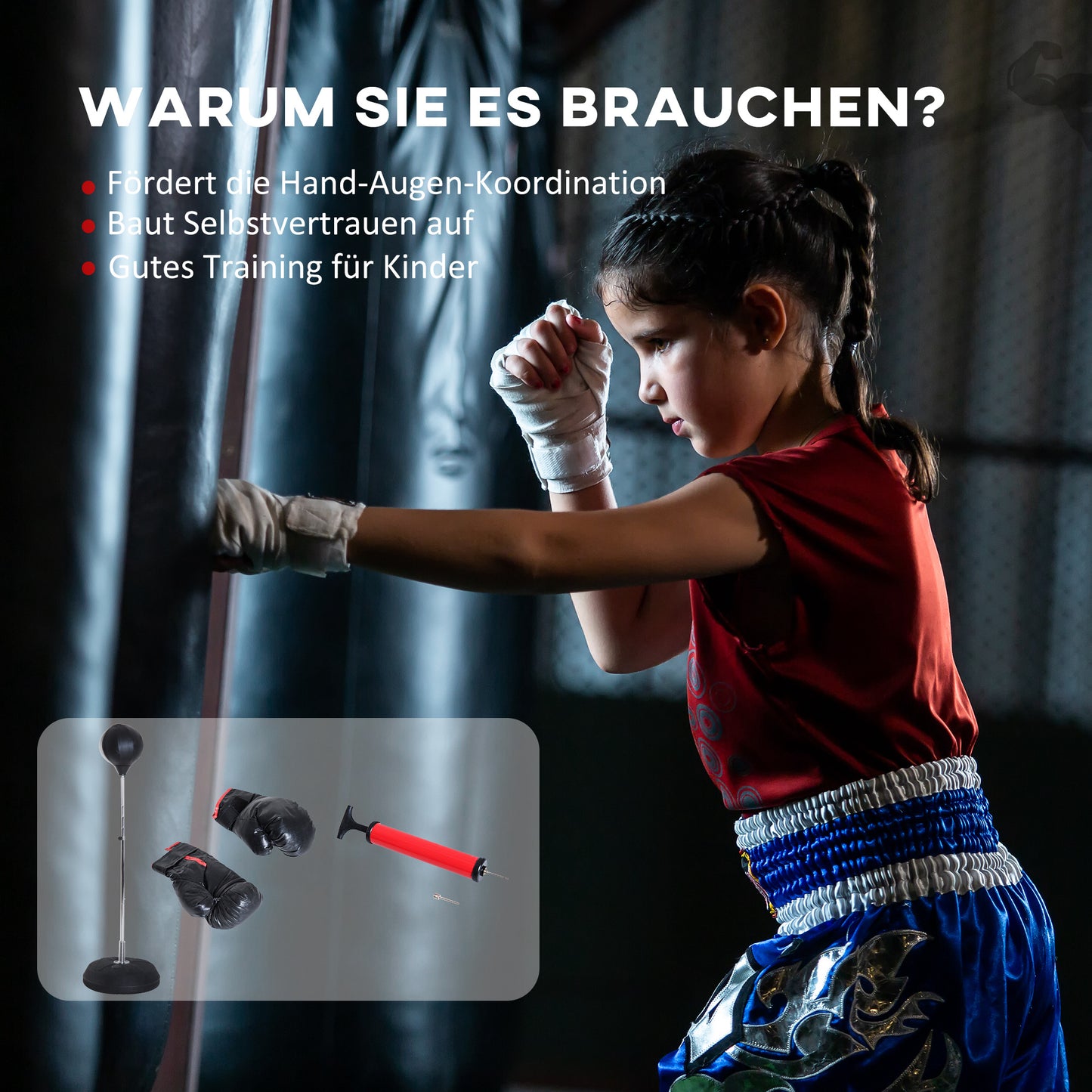 HOMCOM Box-Set mit Punchingball, höhenverstellbar, inkl. Boxhandschuhe, 126-144cm, Schwarz