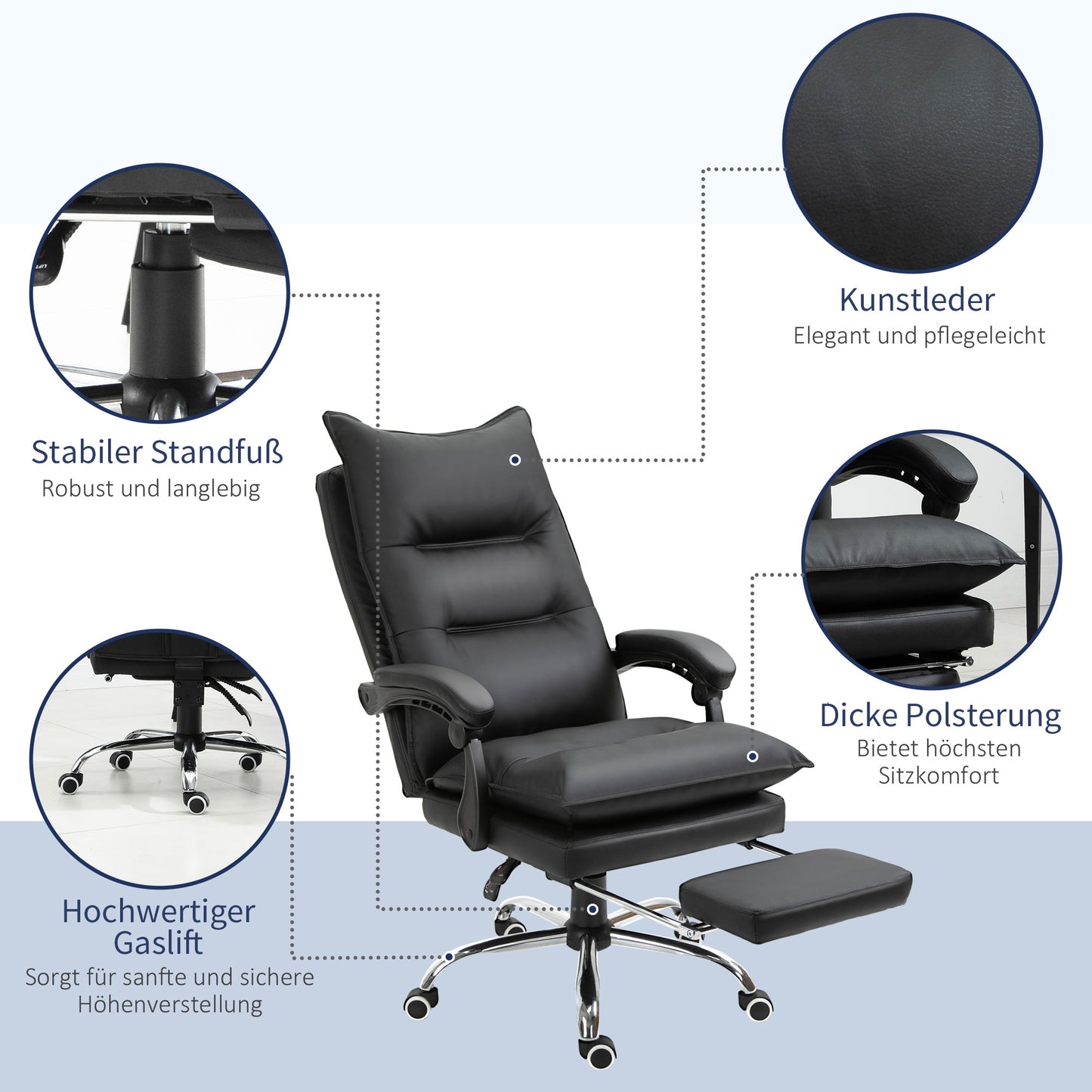 Vinsetto Bürostuhl Ergonomischer Schreibtischstuhl mit Armlehne, Fußstütze, Höhenverstellbarer Drehstuhl aus Kunstleder, Gepolstert Computerstuhl, Schwarz