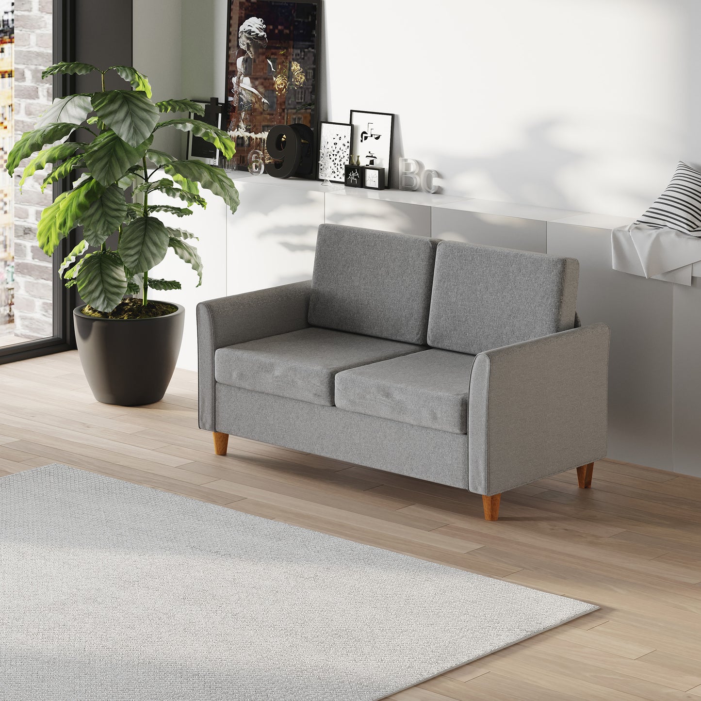 HOMCOM® Zweisitzer Sofa | Abnehmbare Kissen | Leinen, Schaumstoff, Kautschukholz | Hellgrau | 141 x 70 x 78 cm