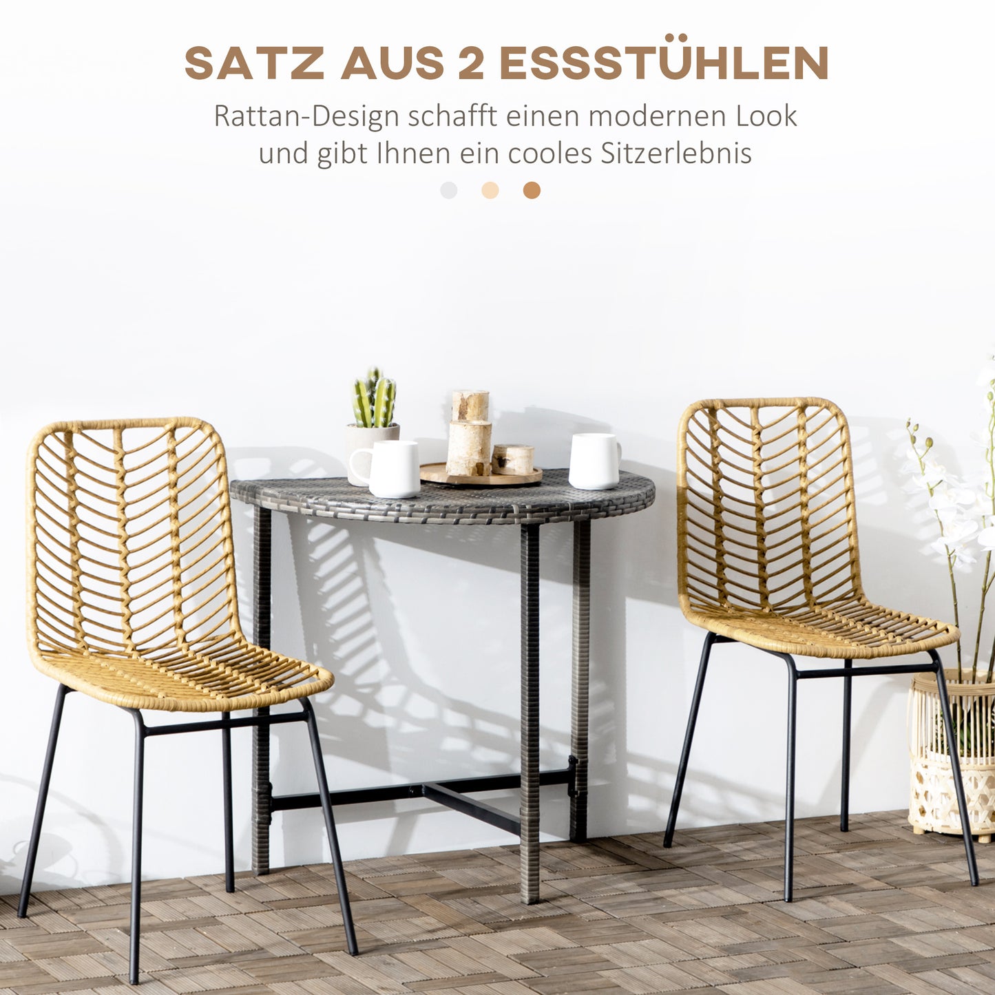 HOMCOM 2er-Set Esszimmerstühle im Boho-Stil, Akzentstuhl, PE-Rattan, 44 cm x 58 cm x 85 cm, Natur + Gelb