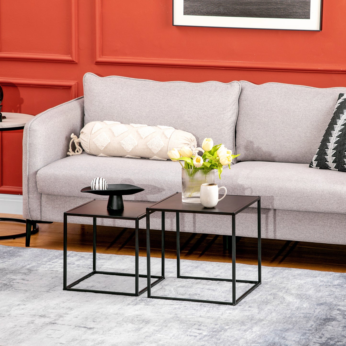 HOMCOM Beistelltisch, Couchtisch, Satztisch, 2er-Set, modernes Design, Stahlrahmen, schwarz, 40 x 40 x 40cm