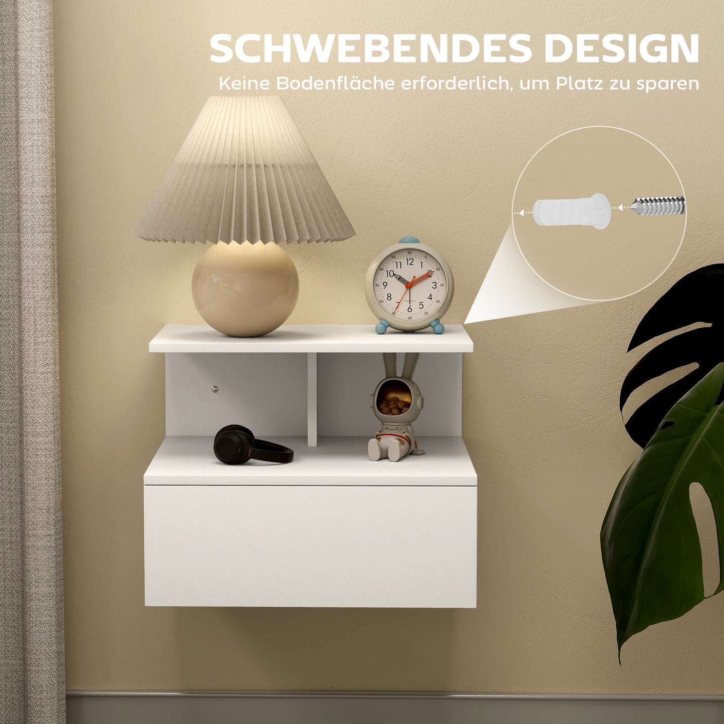 HOMCOM Nachttisch hängend Beistelltisch mit Schublade, offenes Fach Weiß, 39,8 x 35 x 31,6 cm