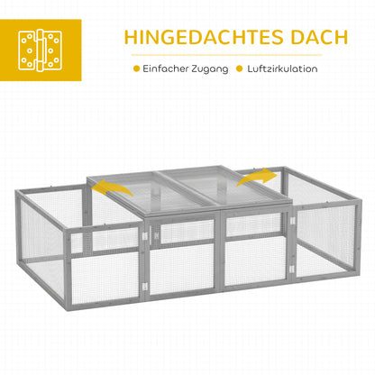 PawHut Kleintierstall, Kleintiergehege, Freigehege, Kleintierkäfig mit Tür, Meerschweinchenstall, Freilaufgehege, Kleintierhaus aus Tannenholz, 181 x 100 x 48 cm, Grau