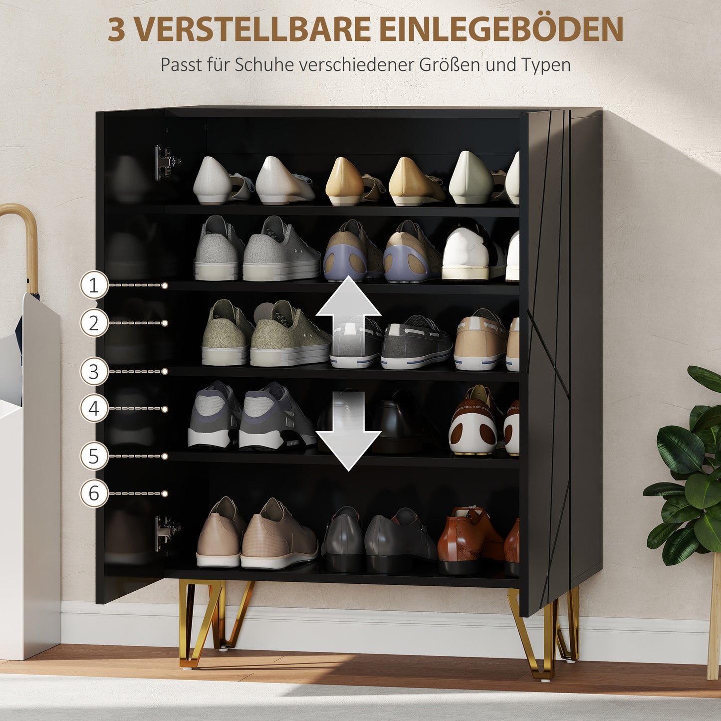 HOMCOM Schuhschrank mit 2 Türen, Schuhregal, Schuhaufbewahrung mit 3 Verstellbaren Ablagen 72 x 31,5 x 95 cm, Schwarz