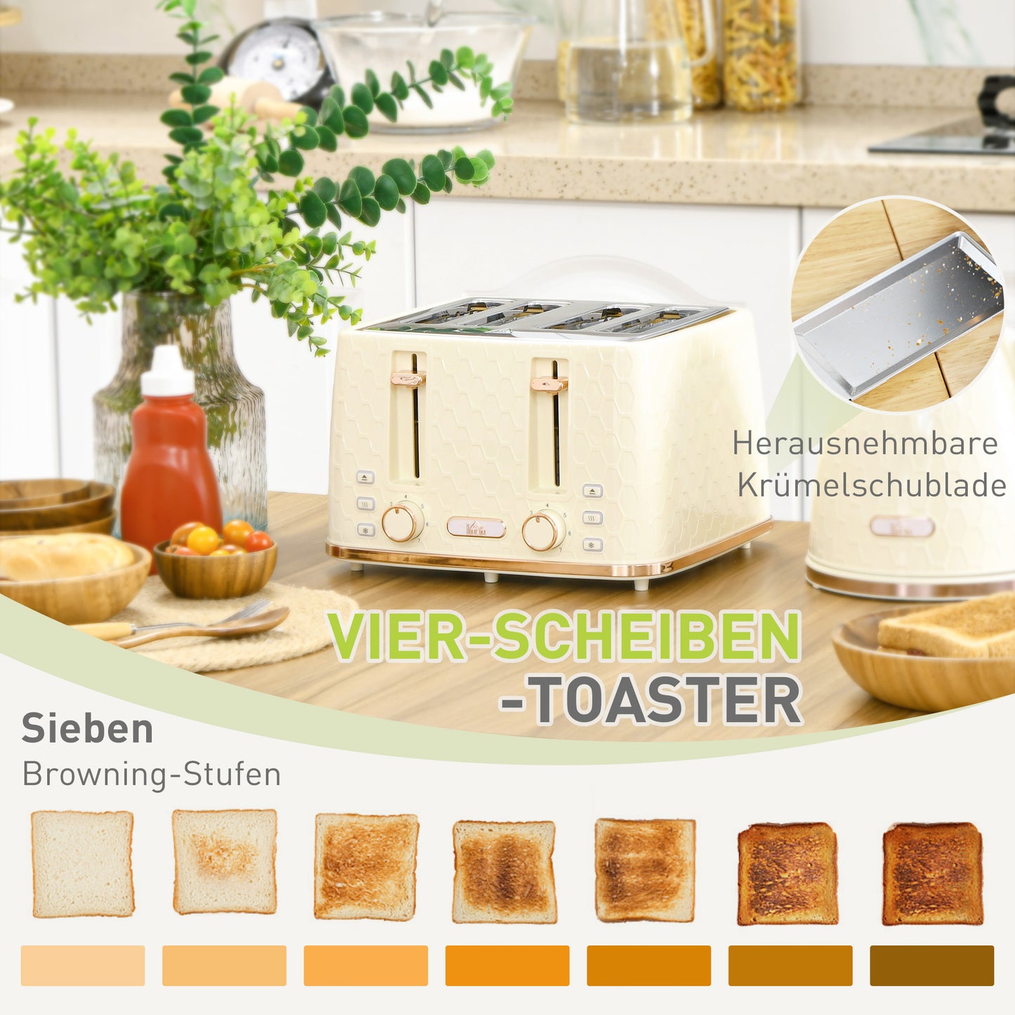 HOMCOM 2-in-1 Küchenset, Toaster und Wasserkocher, mehrere Optionen, 1,7 L, 4 Toastscheiben gleichzeitig, Kunststoff, Beige