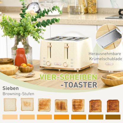 HOMCOM 2-in-1 Küchenset, Toaster und Wasserkocher, mehrere Optionen, 1,7 L, 4 Toastscheiben gleichzeitig, Kunststoff, Beige