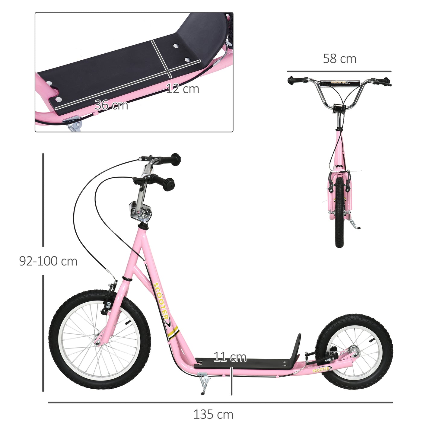 HOMCOM Roller Kinderroller mit Luftreifen Handbremse, 16 Zoll Tretroller Höhenverstellbar Kickscooter für Jungen und Mädchen ab 5 Jahre Kickboard Cityroller Kinder Scooter Rosa