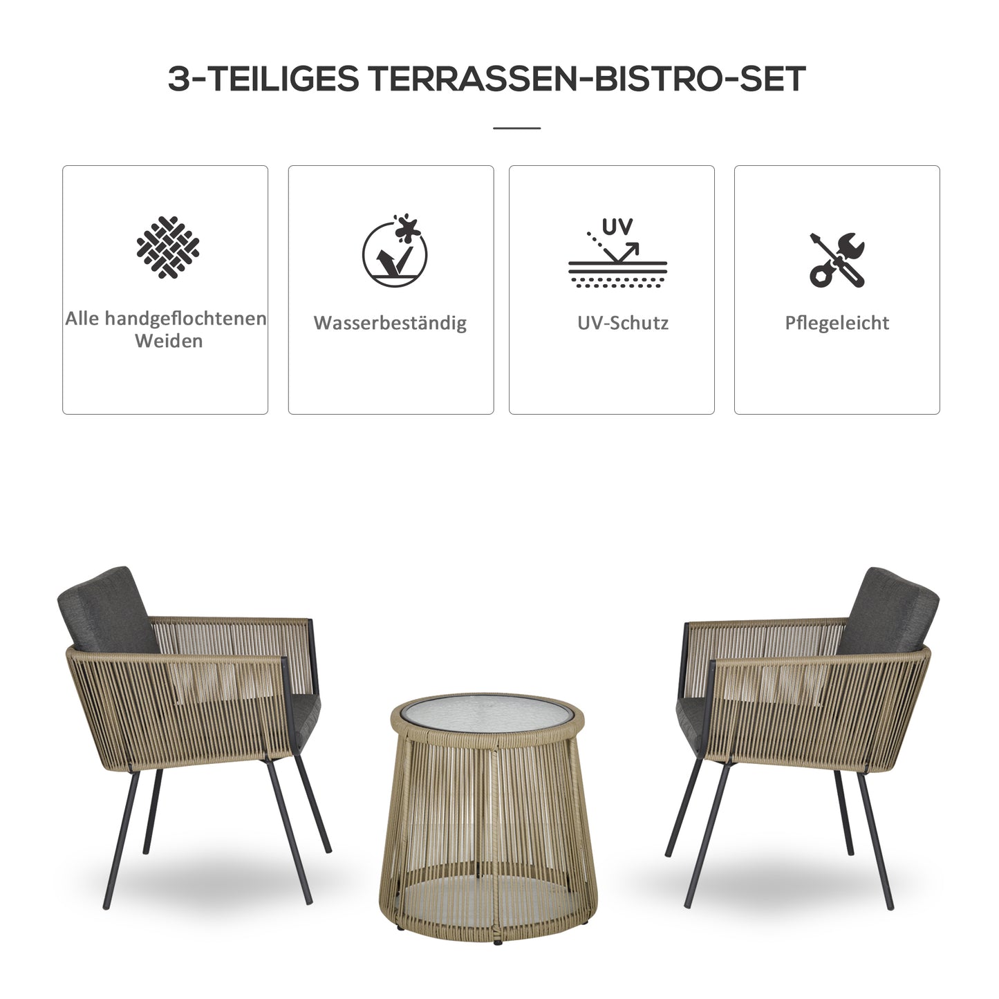 Outsunny 3-teilige Sitzgruppe, 2 Stühle, Beistelltisch, Sitz- & Rückenkissen, Hartglas-Tischplatte, Kunstrattan, Grau