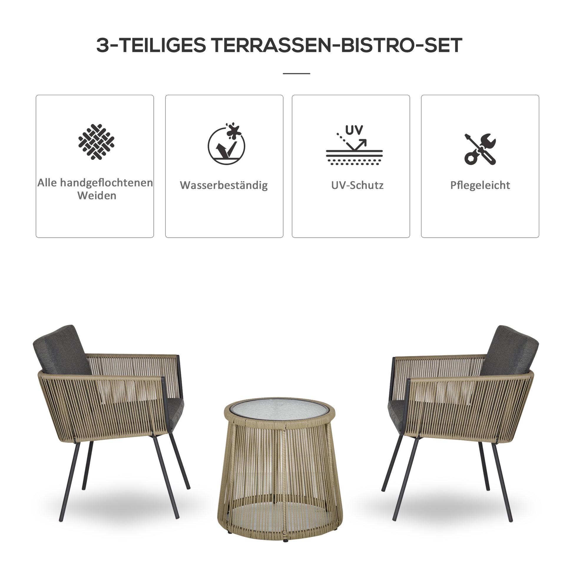Outsunny 3-teilige Sitzgruppe, 2 Stühle, Beistelltisch, Sitz- & Rückenkissen, Hartglas-Tischplatte, Kunstrattan, Grau
