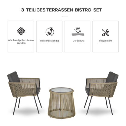 Outsunny 3-teilige Sitzgruppe, 2 Stühle, Beistelltisch, Sitz- & Rückenkissen, Hartglas-Tischplatte, Kunstrattan, Grau
