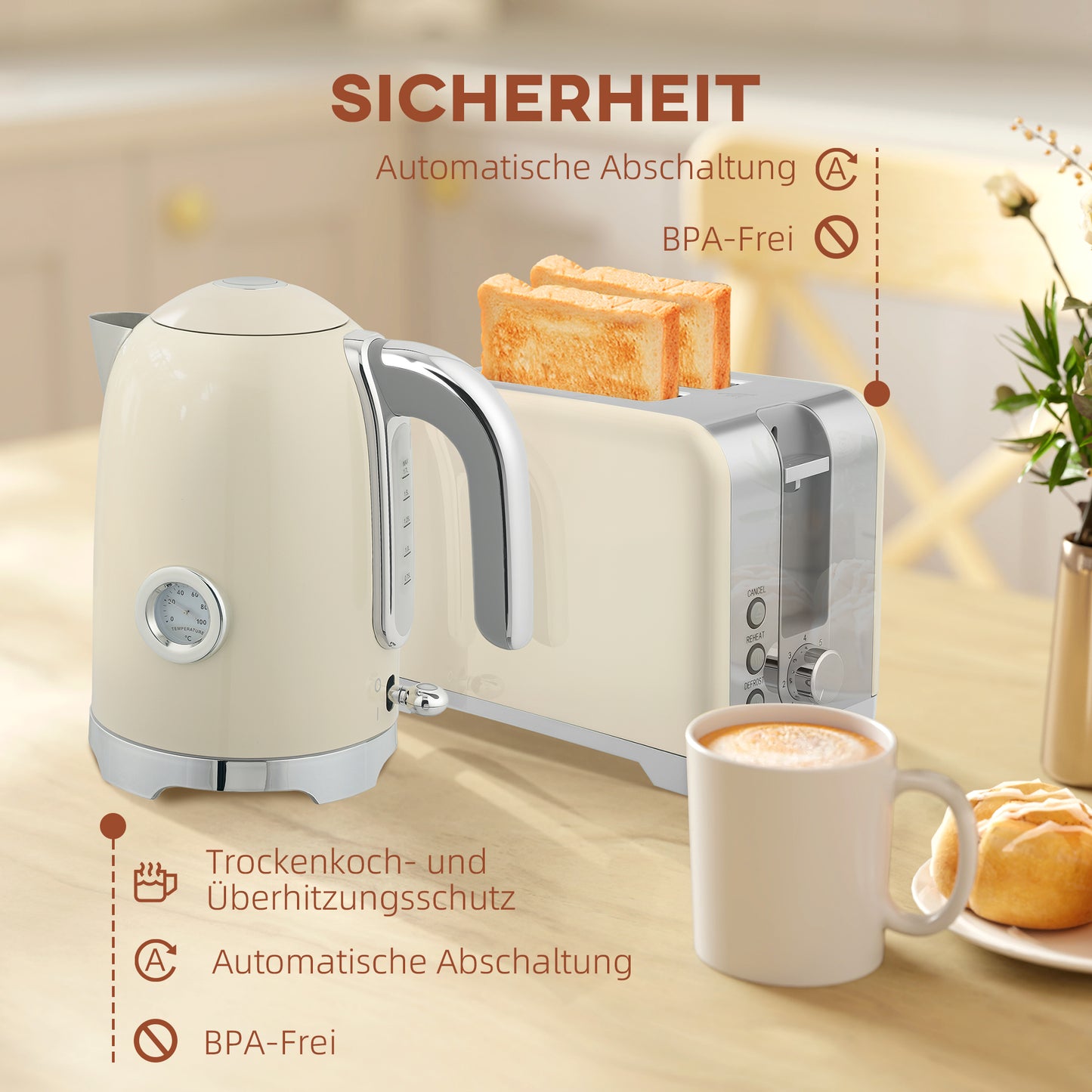 HOMCOM Wasserkocher- und Toaster-Set, 2200W, 7 Bräunungsstufen, versch. Funktionen, Creme
