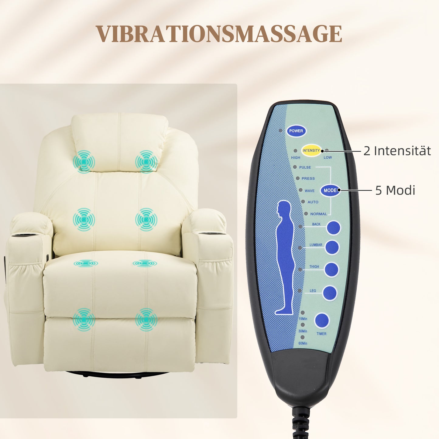 HOMCOM Relaxsessel mit Massagefunktion, neigbare Lehne, drehbar, bis 150 kg, Kunstleder, Cremeweiß