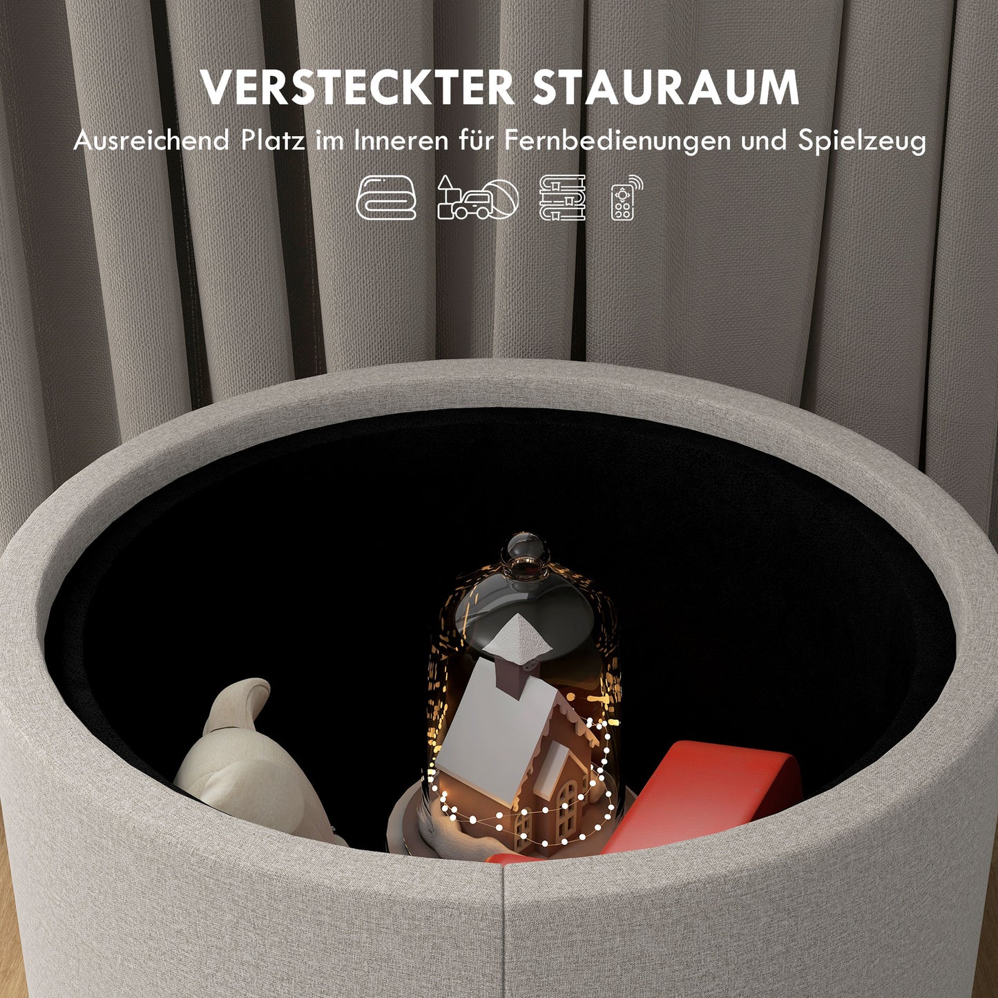 HOMCOM Hocker Polsterhocker, Leinen, versteckter Stauraum, umkehrbarer Deckel, 56cm x 56 cm x 42 cm, Hellgrau + Natur