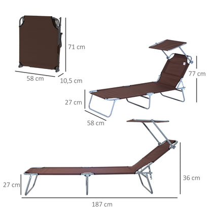 Outsunny Sonnenliege klappbar Gartenliege mit Sonnenschutz Liegestuhl mit 4-Fach verstellbare Rückenlehne Campingliege bis 120kg belastbar für Garten, Balkon und Pool geeignet, 6 Farben(Braun )