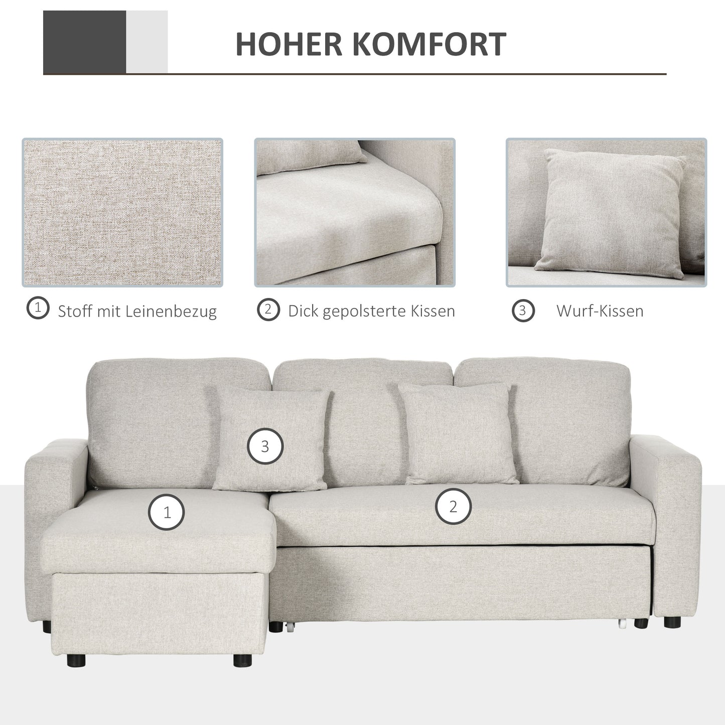 HOMCOM Ecksofa mit Bettfunktion, Eckcouch inklusive 2er-Sitz Sofa, Einzelbett, L-Form mit Stauraum, 2 Kissen Cremeweiß