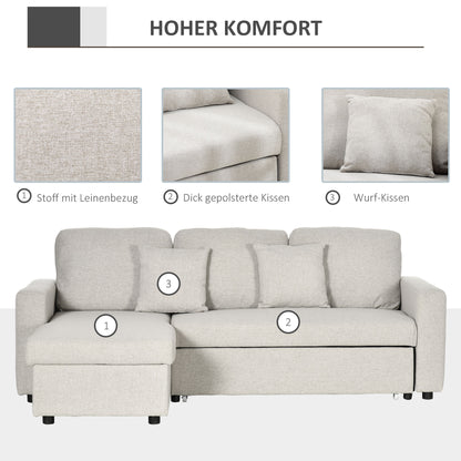 HOMCOM Ecksofa mit Bettfunktion, Eckcouch inklusive 2er-Sitz Sofa, Einzelbett, L-Form mit Stauraum, 2 Kissen Cremeweiß