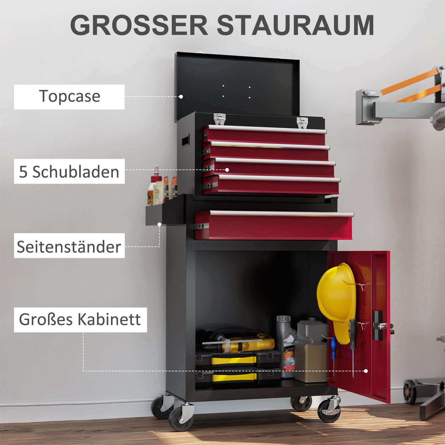 HOMCOM Rollbarer Werkzeugschrank, Stabiler Schrank mit oberer Werkzeugkiste und Schubladen, abschließbar, Metall, Schwarz+Rot
