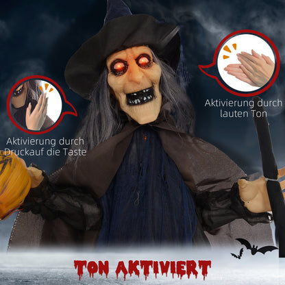 HOMCOM Halloweendekoration Hexe mit Besen, leuchtende Augen, gruselige Geräusche, biegsame Arme, 107x65x190 cm