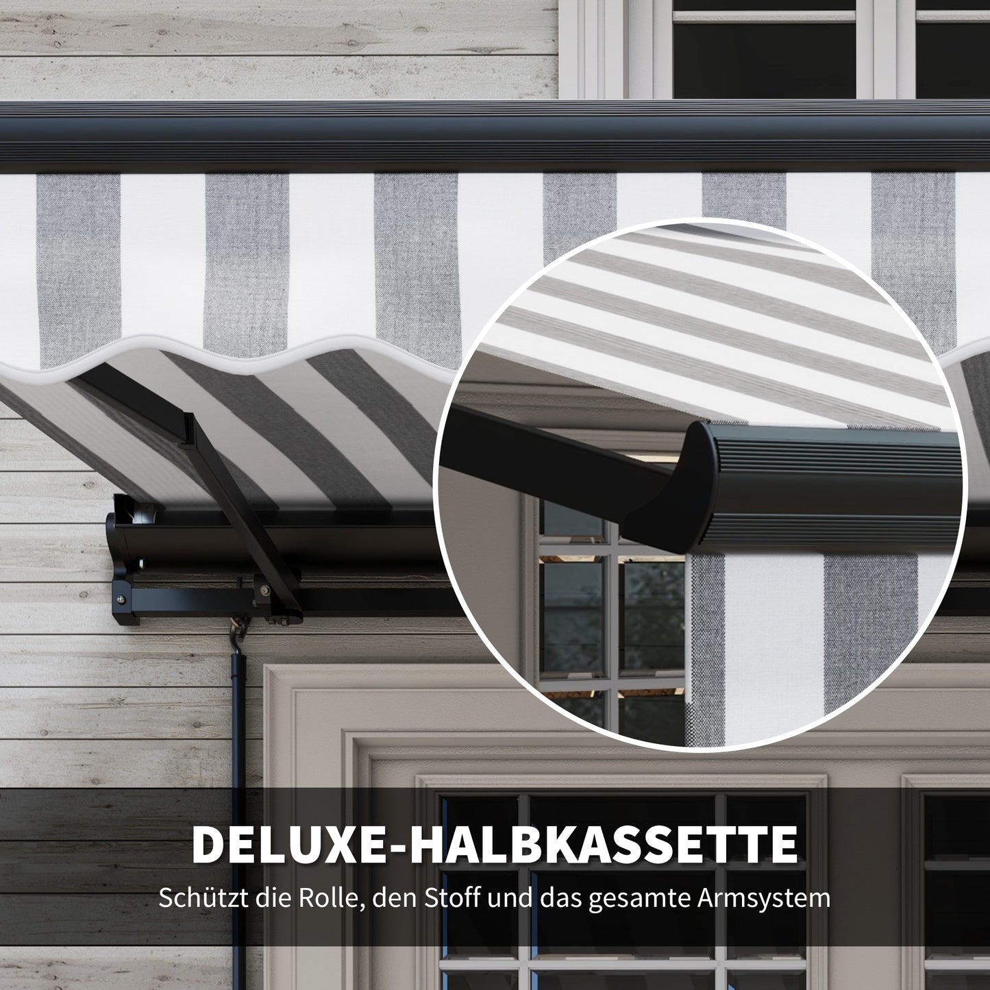 Outsunny Sonnenmarkise Markise Terrassenmarkise, wetterbeständig, 1 Handkurbel, 395 x 250 x 150 cm, Grau + Weiß