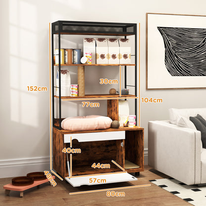 PawHut Katzentoilette mit 3-Ebenen-Regal und Kratzpfosten, geschlossenes Katzenklo, 80 x 48 x 152 cm, Braun