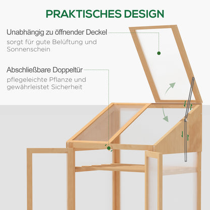 Outsunny Mini-Gewachshaus, kleines Treibhaus mit Holzrahmen, Fenster och Doppeltür, 3 Regale, 70L x 50B x ​​120H cm, Braun