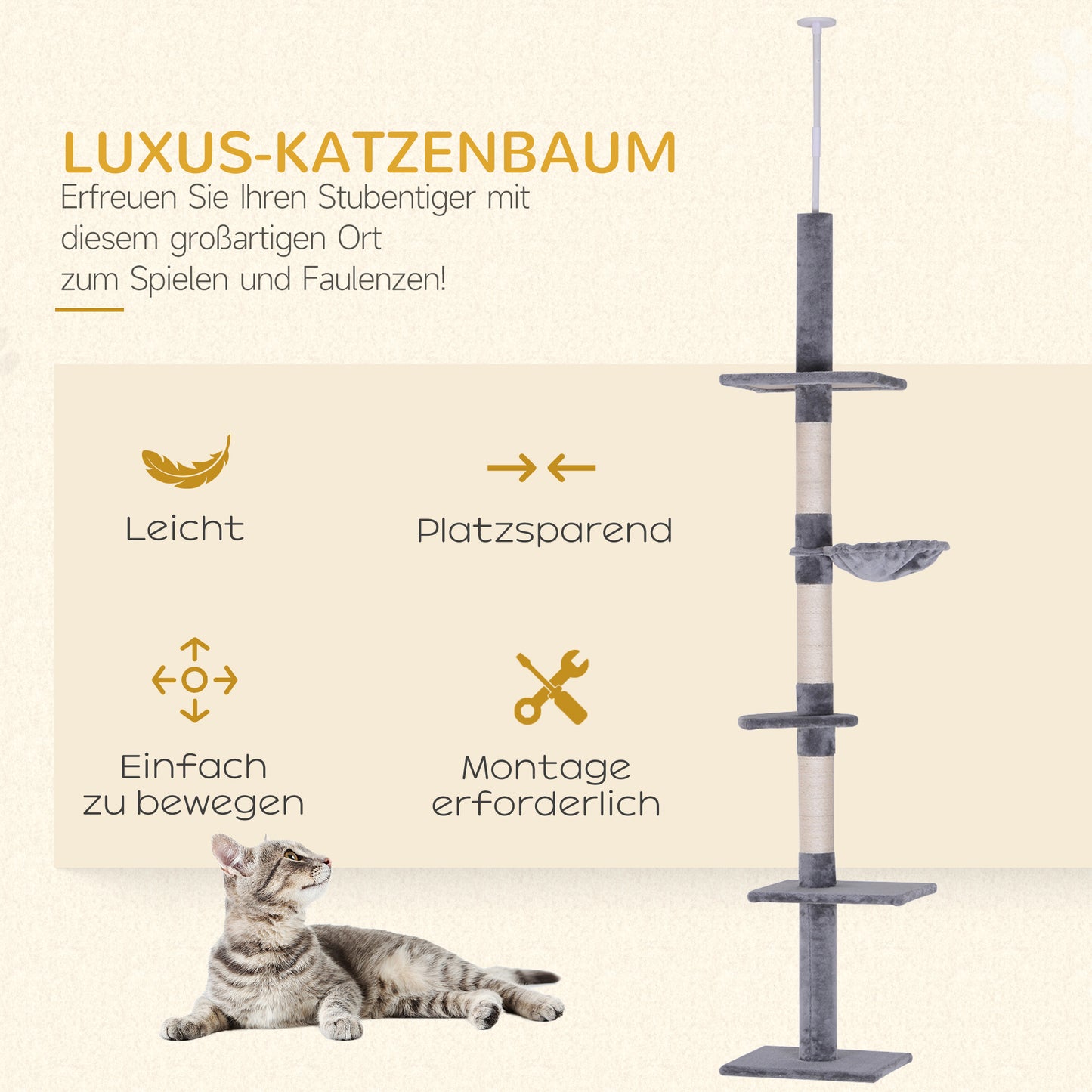 PawHut Kratzbaum Deckenhoch höhenverstellbar, stabiler Katzenbaum mit Sisalsäulen, Katzen Kletterbaum, Grau, 40 x 34 x 230-260 cm