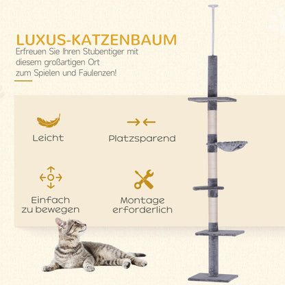 PawHut Kratzbaum Deckenhoch höhenverstellbar, stabiler Katzenbaum mit Sisalsäulen, Katzen Kletterbaum, Grau, 40 x 34 x 230-260 cm