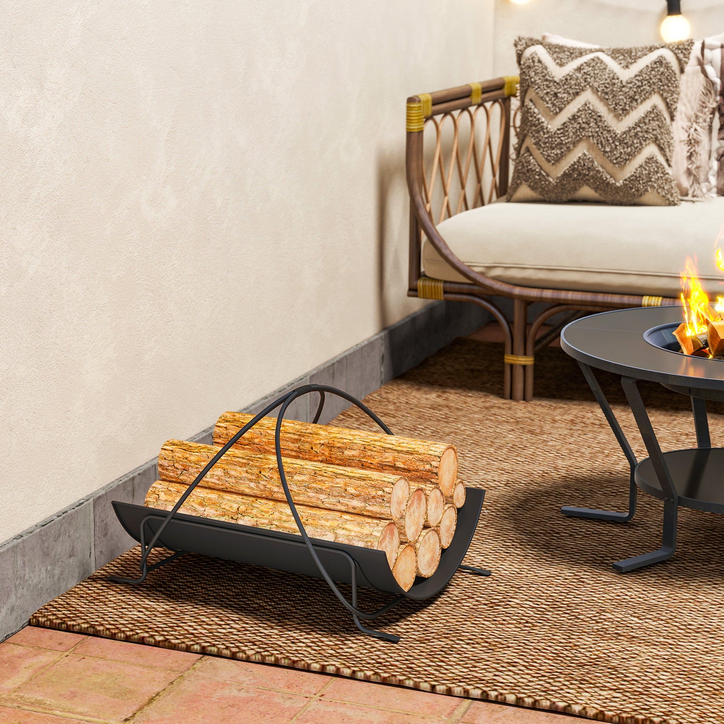 Outsunny Kaminholzregal för inomhus 51 x 38 x 33 cm geometrisk Brennholzregal med Griff från Metall, Schwarz